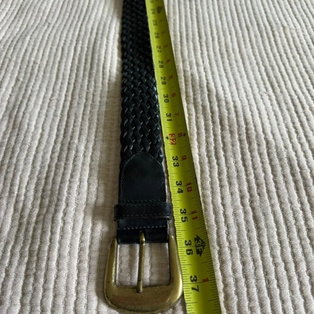 Braided Woven Leather Belt Womens M Black Genuine Leather Brass Buckle Vintage